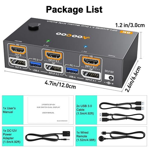 HDMI DP2.1 KVM Switch 2 شاشات 2 جهاز كمبيوتر، 8K @ 60 هرتز/4K @ 144 هرتز KVM Switch لشاشتين مشاركة جهاز كمبيوتر، لوحة مفاتيح، ماوس، مع كابلين USB3.0، وحدة تحكم سلكية ومحول طاقة in Kuwait
