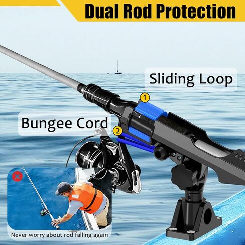 2-in-1 Fishing Rod Holder for Boat Kayak Rod Holder Track Deck Mount, Secure Fishing Pole Holders with Triple Rod Protection, Dual T Bolt, Bungee Cord & Sliding Loop in Saudi Arabia