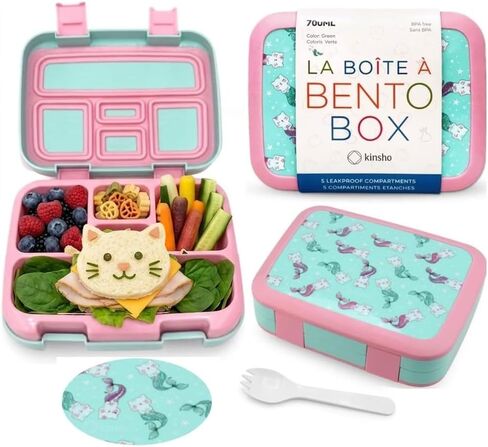 Kinsho Bento Lunch Box for Kids Toddlers, 5 Portion Control Sections, BPA Free Removable Plastic Tray, Pre-School Kid Toddler Daycare Lunches, Snack Container Ages 3 to 7 (Aqua Cat Mermaid) in Saudi Arabia