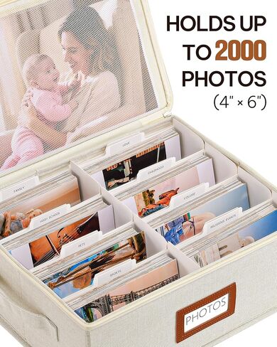 Photo Storage Box with Zipper Lid & Dividers, Linen Photo Organizer Container for 2000 4x6 Pictures, Decorative Keepsake Memory Box with Handle, 8x10 Mesh Pocket for Family Scrapbook Pictures in Saudi Arabia