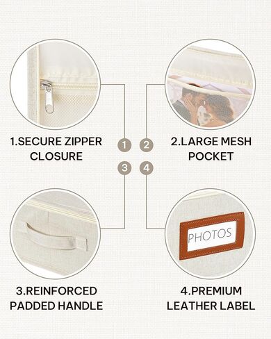 Photo Storage Box with Zipper Lid & Dividers, Linen Photo Organizer Container for 2000 4x6 Pictures, Decorative Keepsake Memory Box with Handle, 8x10 Mesh Pocket for Family Scrapbook Pictures in Saudi Arabia