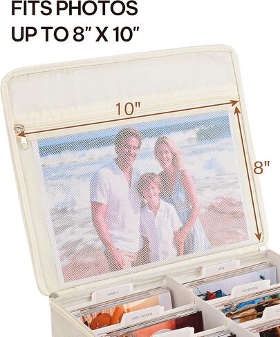 Photo Storage Box with Zipper Lid & Dividers, Linen Photo Organizer Container for 2000 4x6 Pictures, Decorative Keepsake Memory Box with Handle, 8x10 Mesh Pocket for Family Scrapbook Pictures in Saudi Arabia