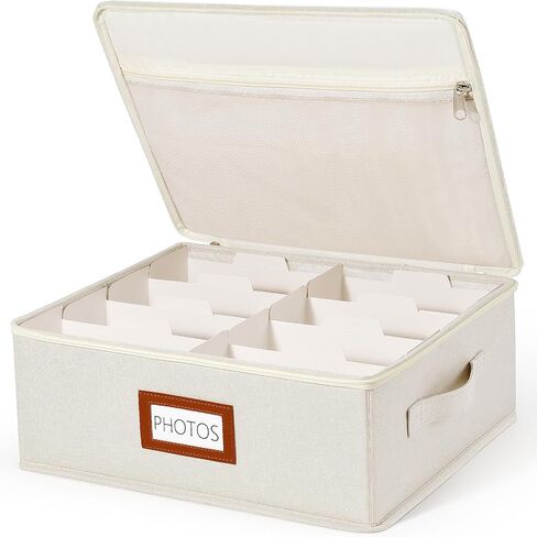 Photo Storage Box with Zipper Lid & Dividers, Linen Photo Organizer Container for 2000 4x6 Pictures, Decorative Keepsake Memory Box with Handle, 8x10 Mesh Pocket for Family Scrapbook Pictures in Saudi Arabia