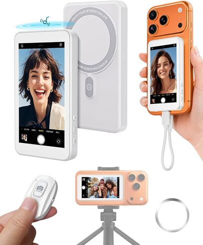 شاشة مراقبة سيلفي لهواتف iPhone وAndroid، شاشة كاميرا خلفية مغناطيسية بتصميم حاصل على براءة اختراع لعام 2026، أساسيات إنشاء محتوى مدونة الفيديو اللاسلكية/USB-C، بطارية تصل إلى 3 ساعات (ليست لـ Google Pixel) in Kuwait