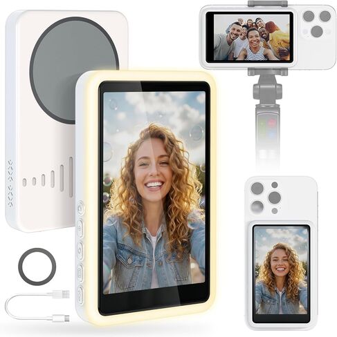 شاشة مراقبة سيلفي لهاتف iPhone مع ضوء، شاشة كاميرا خلفية مغناطيسية لمدونة الفيديو لمنشئ المحتوى والمؤثر والبث المباشر وTikTok، عدسات Snaplylens لشاشة iPhone Android Selfie باللون الأبيض in Kuwait