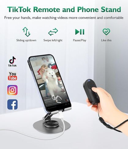 حامل هاتف مع جهاز تحكم عن بعد لاسلكي عن بعد، كاميرا الهاتف عن بعد، زر تكبير الكاميرا الأمامية/الخلفية لهاتف iPhone iPad Android، أجهزة التحكم عن بعد للتمرير لـ TikTok، تطبيق Kindle، الصور، الفيديو in Kuwait