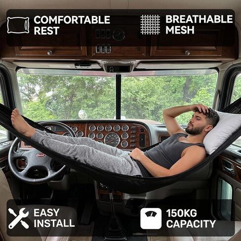 Truck Hammock for Cab Front Seat, Heavy Duty 330lbs Support, Portable Truck Bed Hammock with Storage Bag for Semi Truck Lorry Long Haul Driver Rest (Black) in Saudi Arabia