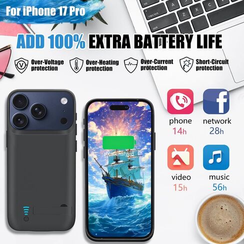 حافظة بطارية لهاتف iPhone 17 Pro، حافظة شحن/شاحن بطارية ممتدة قابلة لإعادة الشحن بقدرة 5000 مللي أمبير في الساعة، أضف عصيرًا إضافيًا بنسبة 100% (6.3 بوصة) أسود in Kuwait