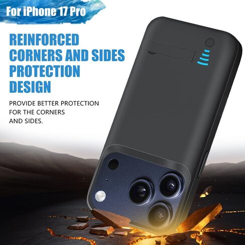 حافظة بطارية لهاتف iPhone 17 Pro، حافظة شحن/شاحن بطارية ممتدة قابلة لإعادة الشحن بقدرة 5000 مللي أمبير في الساعة، أضف عصيرًا إضافيًا بنسبة 100% (6.3 بوصة) أسود in Kuwait