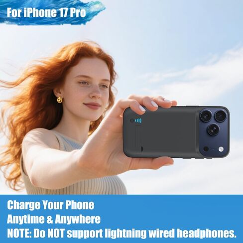 حافظة بطارية لهاتف iPhone 17 Pro، حافظة شحن/شاحن بطارية ممتدة قابلة لإعادة الشحن بقدرة 5000 مللي أمبير في الساعة، أضف عصيرًا إضافيًا بنسبة 100% (6.3 بوصة) أسود in Kuwait