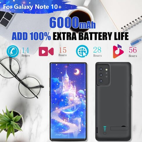 حافظة بطارية لهاتف Samsung Galaxy Note 10+ Plus 5G، حافظة شاحن بطارية ممتدة قابلة لإعادة الشحن بقدرة 6000 مللي أمبير في الساعة، أضف عصيرًا إضافيًا بنسبة 100% باللون الأسود in Kuwait
