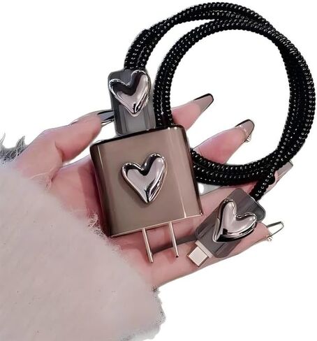 Simplicity 4-in-1 Transparent Black Heart Phone Charger Protector Set, 20W Charger Case with Cable Protector, Wire Organizer & Holder - Plastic Accessory for iPhone in Saudi Arabia