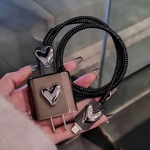 Simplicity 4-in-1 Transparent Black Heart Phone Charger Protector Set, 20W Charger Case with Cable Protector, Wire Organizer & Holder - Plastic Accessory for iPhone in Saudi Arabia