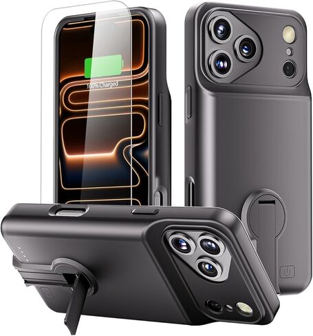 حافظة بطارية GIN FOXI لهاتف iPhone 17 Pro Max مع حامل، شاحن حافظة شحن 8500 مللي أمبير في الساعة، حزمة بطارية قوية وخفيفة الوزن للغاية 15 وات، صندوق عصير TPU مقاوم للسقوط وقابل لإعادة الشحن بسرعة (6.9 بوصات) أسود in Kuwait