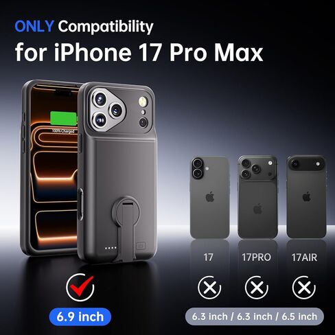حافظة بطارية GIN FOXI لهاتف iPhone 17 Pro Max مع حامل، شاحن حافظة شحن 8500 مللي أمبير في الساعة، حزمة بطارية قوية وخفيفة الوزن للغاية 15 وات، صندوق عصير TPU مقاوم للسقوط وقابل لإعادة الشحن بسرعة (6.9 بوصات) أسود in Kuwait