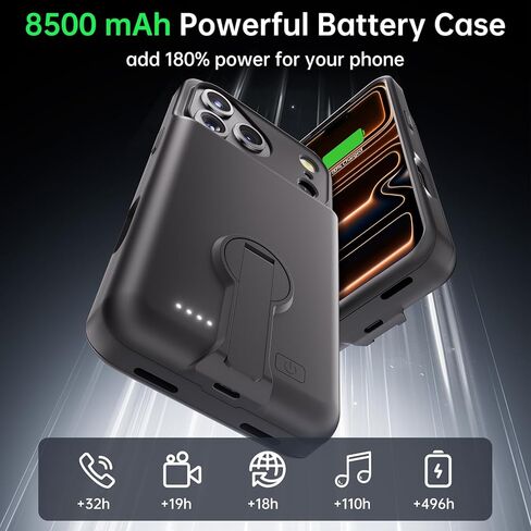 حافظة بطارية GIN FOXI لهاتف iPhone 17 Pro Max مع حامل، شاحن حافظة شحن 8500 مللي أمبير في الساعة، حزمة بطارية قوية وخفيفة الوزن للغاية 15 وات، صندوق عصير TPU مقاوم للسقوط وقابل لإعادة الشحن بسرعة (6.9 بوصات) أسود in Kuwait