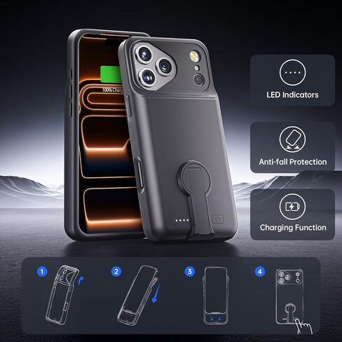 حافظة بطارية GIN FOXI لهاتف iPhone 17 Pro Max مع حامل، شاحن حافظة شحن 8500 مللي أمبير في الساعة، حزمة بطارية قوية وخفيفة الوزن للغاية 15 وات، صندوق عصير TPU مقاوم للسقوط وقابل لإعادة الشحن بسرعة (6.9 بوصات) أسود in Kuwait