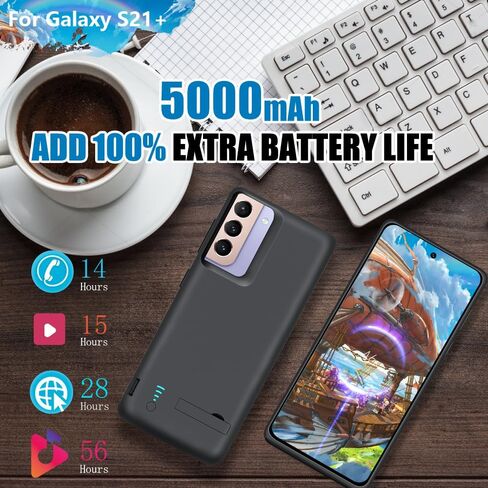 حافظة بطارية جديدة لهاتف سامسونج جالاكسي S21+ 5G، حافظة شاحن بطارية ممتدة قابلة لإعادة الشحن بقدرة 5000 مللي أمبير في الساعة (6.7 بوصة) أسود in Kuwait