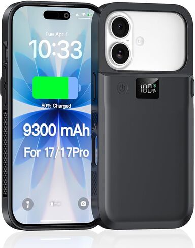 NEWDERY Battery Case for iPhone 17 &17 Pro, 9300mAh Portable Power Bank USB-C Fast Charging, Fast Charger, Protective Rechargeable Portable Charger Case for iPhone 17 Pro 6.3'', Black in Saudi Arabia