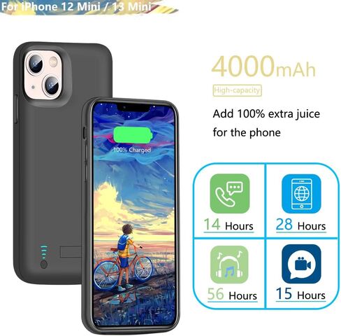 Sitong [حافظة بطارية مطورة لهاتف iPhone 12 mini وiPhone 13 mini، حافظة شحن/شاحن بطارية ممتدة قابلة لإعادة الشحن بقدرة 4000 مللي أمبير في الساعة، أضف 100% عصير إضافي (5.4 بوصة) أسود in Kuwait