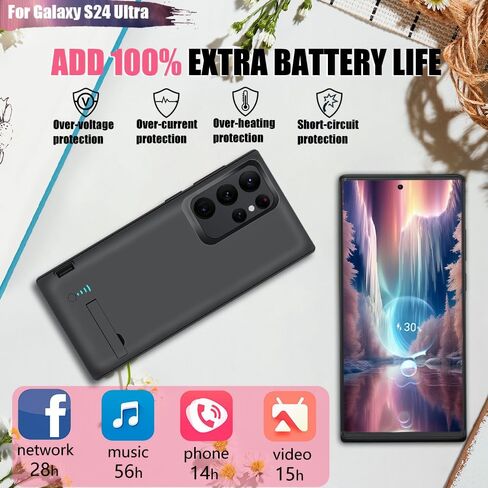 حافظة بطارية لهاتف Samsung Galaxy S24 Ultra، حافظة شاحن بطارية ممتدة قابلة لإعادة الشحن بقدرة 5000 مللي أمبير في الساعة، أضف عصيرًا إضافيًا بنسبة 100%، غير متوافقة مع S24 أو S24+ (6.8 بوصة) أسود in Kuwait