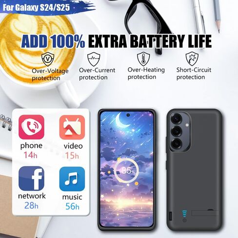 [جراب بطارية جديد لهاتف Samsung Galaxy S25 S24، حافظة شاحن بطارية ممتدة قابلة لإعادة الشحن بقدرة 5000 مللي أمبير في الساعة، أضف 100% عصير إضافي (6.2 بوصة) أسود in Kuwait