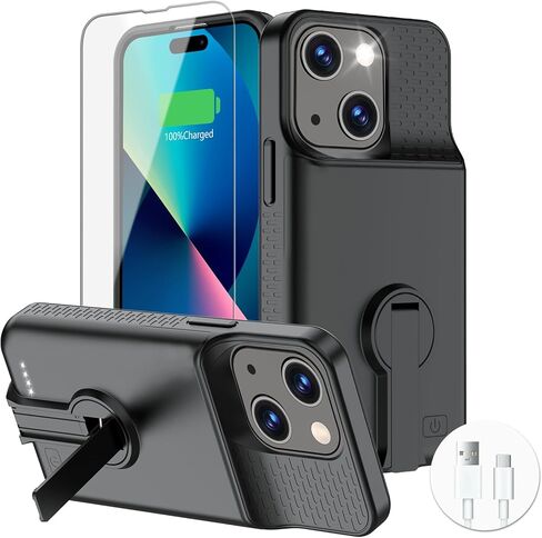 حافظة بطارية GIN FOXI لهاتف iPhone 15/15 Pro، حافظة شحن قابلة لإعادة الشحن مع حامل 7000 مللي أمبير في الساعة فائقة النحافة للحماية من السقوط، صندوق عصير ممتد لهاتف iPhone 15/15 Pro 6.1 بوصة أسود in Kuwait