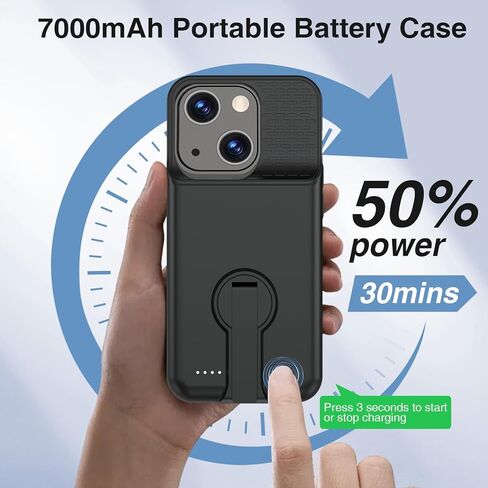 حافظة بطارية GIN FOXI لهاتف iPhone 15/15 Pro، حافظة شحن قابلة لإعادة الشحن مع حامل 7000 مللي أمبير في الساعة فائقة النحافة للحماية من السقوط، صندوق عصير ممتد لهاتف iPhone 15/15 Pro 6.1 بوصة أسود in Kuwait