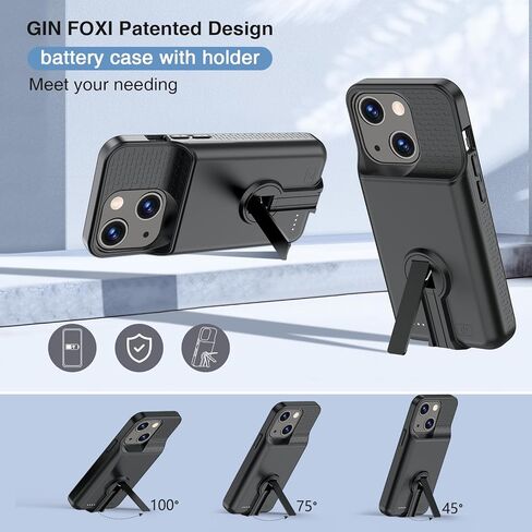 حافظة بطارية GIN FOXI لهاتف iPhone 15/15 Pro، حافظة شحن قابلة لإعادة الشحن مع حامل 7000 مللي أمبير في الساعة فائقة النحافة للحماية من السقوط، صندوق عصير ممتد لهاتف iPhone 15/15 Pro 6.1 بوصة أسود in Kuwait