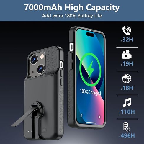 حافظة بطارية GIN FOXI لهاتف iPhone 15/15 Pro، حافظة شحن قابلة لإعادة الشحن مع حامل 7000 مللي أمبير في الساعة فائقة النحافة للحماية من السقوط، صندوق عصير ممتد لهاتف iPhone 15/15 Pro 6.1 بوصة أسود in Kuwait