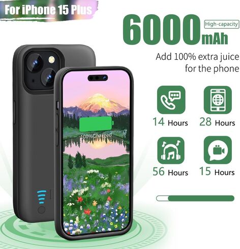 حافظة بطارية Sitong لهاتف iPhone 15 Plus، حافظة شاحن بطارية ممتدة قابلة لإعادة الشحن بقدرة 6000 مللي أمبير في الساعة، أضف عصيرًا إضافيًا بنسبة 100% (6.7 بوصة) أسود in Kuwait