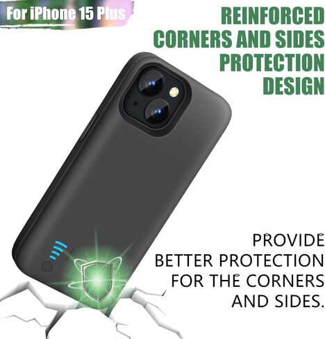 حافظة بطارية Sitong لهاتف iPhone 15 Plus، حافظة شاحن بطارية ممتدة قابلة لإعادة الشحن بقدرة 6000 مللي أمبير في الساعة، أضف عصيرًا إضافيًا بنسبة 100% (6.7 بوصة) أسود in Kuwait