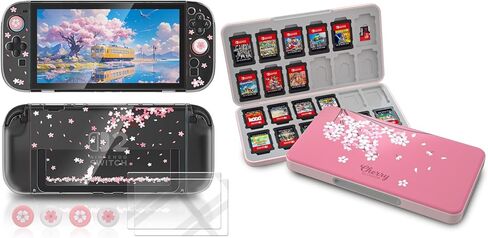 Dockable Glitter Clear Protective Cover with Cherry Blossom & Cat Design, Custom Theme Pattern with 24 Game Card Slots & 24 Micro SD Card Slots in Saudi Arabia