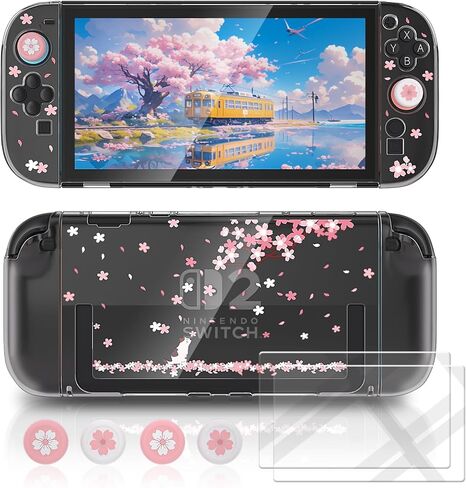 Dockable Glitter Clear Protective Cover with Cherry Blossom & Cat Design, Custom Theme Pattern with 24 Game Card Slots & 24 Micro SD Card Slots in Saudi Arabia
