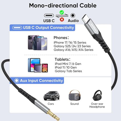 كابل USB C إلى Aux بطول 2 قدم، سلك مساعد صوتي قصير USB من النوع C إلى 3.5 مم، محول مقبس USB-C ذكر إلى Aux Male 1/8 مضفر لهاتف iPhone 17/16/15 وGalaxy S25-S21 وPixel وiPad وستيريو السيارة ومكبر الصوت والصوت in Kuwait