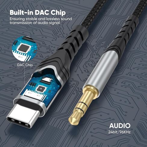 كابل USB C إلى Aux بطول 2 قدم، سلك مساعد صوتي قصير USB من النوع C إلى 3.5 مم، محول مقبس USB-C ذكر إلى Aux Male 1/8 مضفر لهاتف iPhone 17/16/15 وGalaxy S25-S21 وPixel وiPad وستيريو السيارة ومكبر الصوت والصوت in Kuwait