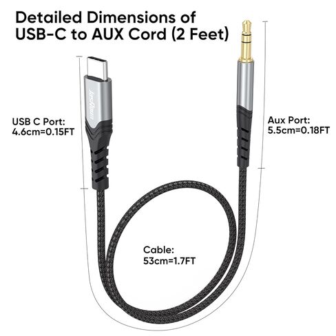 كابل USB C إلى Aux بطول 2 قدم، سلك مساعد صوتي قصير USB من النوع C إلى 3.5 مم، محول مقبس USB-C ذكر إلى Aux Male 1/8 مضفر لهاتف iPhone 17/16/15 وGalaxy S25-S21 وPixel وiPad وستيريو السيارة ومكبر الصوت والصوت in Kuwait
