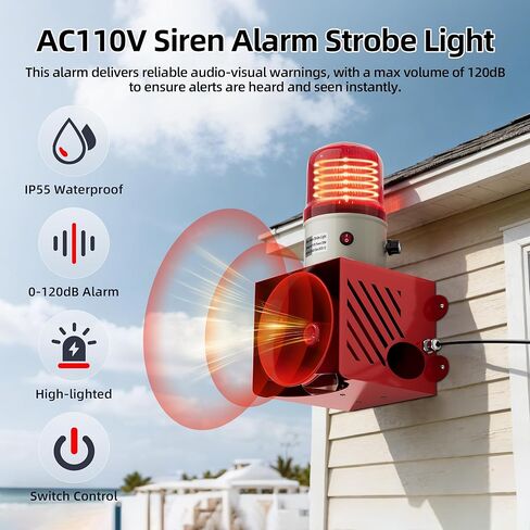 Joinfworld AC110V 120dB صفارة الإنذار القوية ضوء المكونات في إنذار الأمان اليدوي قابل للتعديل حجم في الهواء الطلق مقاوم للماء ضوء تحذير ستروب الطوارئ للمستودع، موقع البناء، رافعة in Saudi Arabia