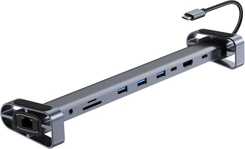 قاعدة توصيل للكمبيوتر المحمول 10 في 1 USB-C مع حامل قابل للتعديل، توصيل طاقة 100 وات، 4K HDMI، جيجابت إيثرنت، قارئ بطاقة SD/TF، ​​3 منافذ USB 3.0 لجهاز MacBook Pro/Air، Dell، HP، Lenovo (فضي) in Kuwait