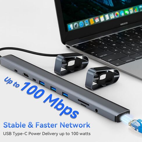 قاعدة توصيل للكمبيوتر المحمول 10 في 1 USB-C مع حامل قابل للتعديل، توصيل طاقة 100 وات، 4K HDMI، جيجابت إيثرنت، قارئ بطاقة SD/TF، ​​3 منافذ USB 3.0 لجهاز MacBook Pro/Air، Dell، HP، Lenovo (فضي) in Kuwait