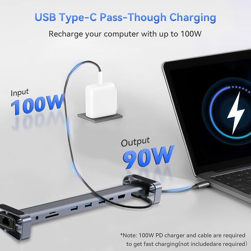 قاعدة توصيل للكمبيوتر المحمول 10 في 1 USB-C مع حامل قابل للتعديل، توصيل طاقة 100 وات، 4K HDMI، جيجابت إيثرنت، قارئ بطاقة SD/TF، ​​3 منافذ USB 3.0 لجهاز MacBook Pro/Air، Dell، HP، Lenovo (فضي) in Kuwait