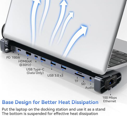 قاعدة توصيل للكمبيوتر المحمول 10 في 1 USB-C مع حامل قابل للتعديل، توصيل طاقة 100 وات، 4K HDMI، جيجابت إيثرنت، قارئ بطاقة SD/TF، ​​3 منافذ USB 3.0 لجهاز MacBook Pro/Air، Dell، HP، Lenovo (فضي) in Kuwait