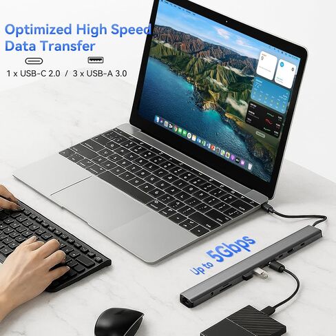 قاعدة توصيل للكمبيوتر المحمول 10 في 1 USB-C مع حامل قابل للتعديل، توصيل طاقة 100 وات، 4K HDMI، جيجابت إيثرنت، قارئ بطاقة SD/TF، ​​3 منافذ USB 3.0 لجهاز MacBook Pro/Air، Dell، HP، Lenovo (فضي) in Kuwait