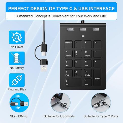 لوحة أرقام سلكية ، لوحة مفاتيح USB الرقمية مع 3 منافذ USB 2.0 ، لوحة مفاتيح لوحة مفاتيح الرقم المحمول MINI 18 مفتاح لجهاز كمبيوتر محمول كمبيوتر كمبيوتر محمول كروم كروم كوكب in Kuwait
