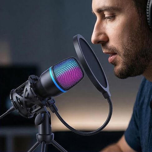 ميكروفون USB مكثف للكمبيوتر الشخصي مع حامل ثلاثي القوائم وغطاء رش وممتص للصدمات، RGB لبث أجهزة الكمبيوتر/PS4/5 in Saudi Arabia