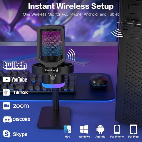 ZealSound Wireless Microphone for PC Mac iPhone iPad & Android, USB Mic with Noise Reduction, Tap Mute and Volume Control, RGB Light and Real-Time Monitoring, for Podcasting Streaming Gaming & TikTok in Saudi Arabia