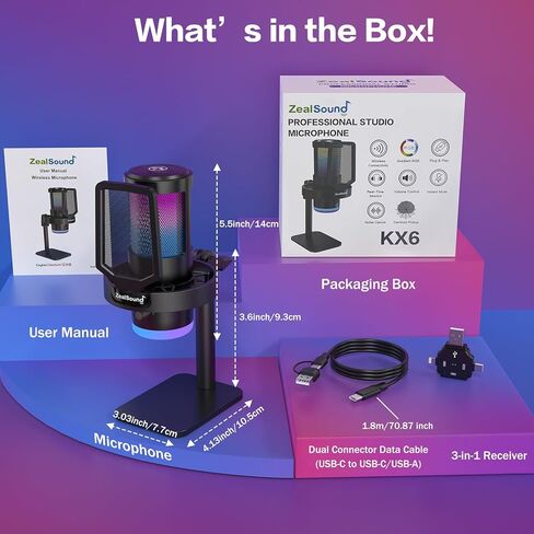ZealSound Wireless Microphone for PC Mac iPhone iPad & Android, USB Mic with Noise Reduction, Tap Mute and Volume Control, RGB Light and Real-Time Monitoring, for Podcasting Streaming Gaming & TikTok in Saudi Arabia