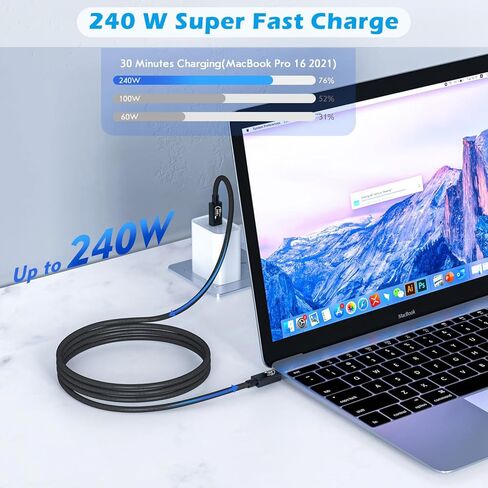 كابل شحن سريع 240 وات Thunderbolt 5، كابل USB5 C إلى C Thunderbolt 5 بطول 6.6 أقدام، نقل بيانات 80 جيجابت في الثانية حتى 120 جيجابت في الثانية، يدعم شاشات 8K/4K كابل شحن سريع USB C مجدول لهاتف iPhone 17/16/15، Mac Book in Kuwait