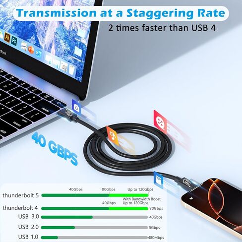 كابل شحن سريع 240 وات Thunderbolt 5، كابل USB5 C إلى C Thunderbolt 5 بطول 6.6 أقدام، نقل بيانات 80 جيجابت في الثانية حتى 120 جيجابت في الثانية، يدعم شاشات 8K/4K كابل شحن سريع USB C مجدول لهاتف iPhone 17/16/15، Mac Book in Kuwait