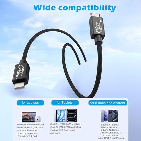 كابل شحن سريع 240 وات Thunderbolt 5، كابل USB5 C إلى C Thunderbolt 5 بطول 6.6 أقدام، نقل بيانات 80 جيجابت في الثانية حتى 120 جيجابت في الثانية، يدعم شاشات 8K/4K كابل شحن سريع USB C مجدول لهاتف iPhone 17/16/15، Mac Book in Kuwait
